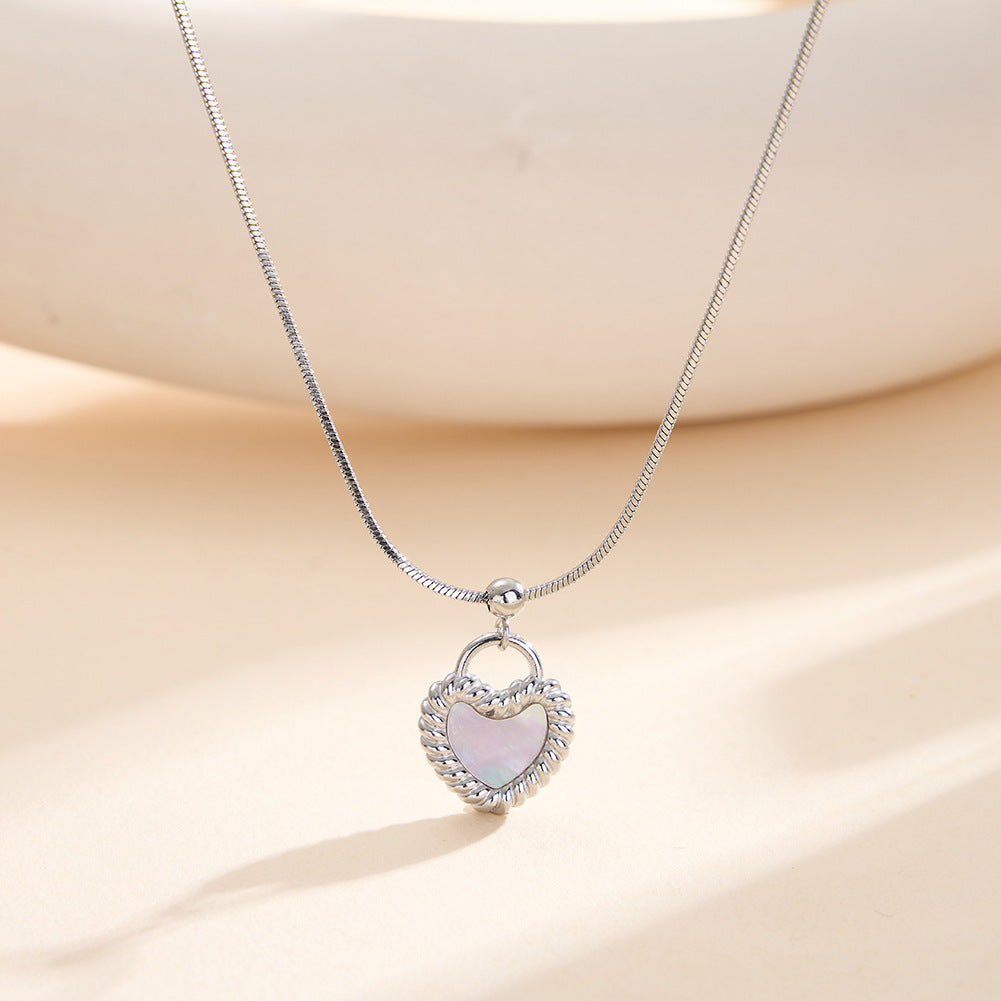 Silver Stainless Steel Snake Chain Necklace, Twisted Rope Edge Heart Lock Pendant with White Mother of Pearl Inlay