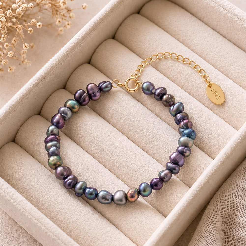 S925 Gold Plated Beaded Bracelet, Dark Peacock Iridescent Baroque Freshwater Pearls, Natural Color Variation, Adjustable Extension Chain