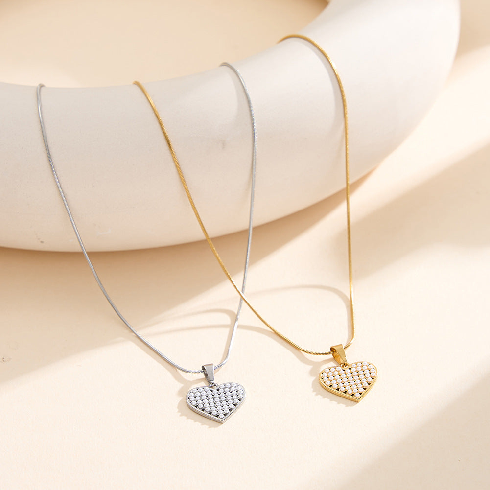 Gold Stainless Steel Snake Chain Necklace, Hollow Heart Pendant Inlaid with Mini White Pearl Beads