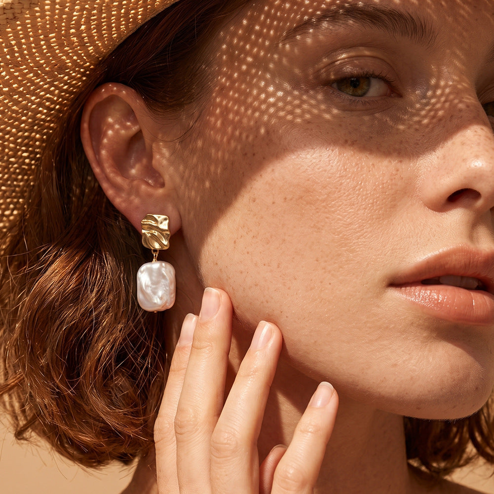 S925 Silver Hammered Metal & Rectangle Baroque Pearl Stud Drop Earrings, Large Irregular Freshwater Baroque Pearl Dangle Earrings
