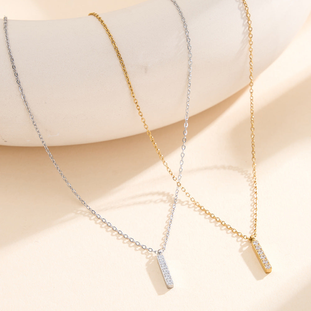 Gold Stainless Steel Vertical Bar CZ Pendant Necklace, 6 Round Cubic Zirconia Inlaid Rectangle Bar Cable Chain