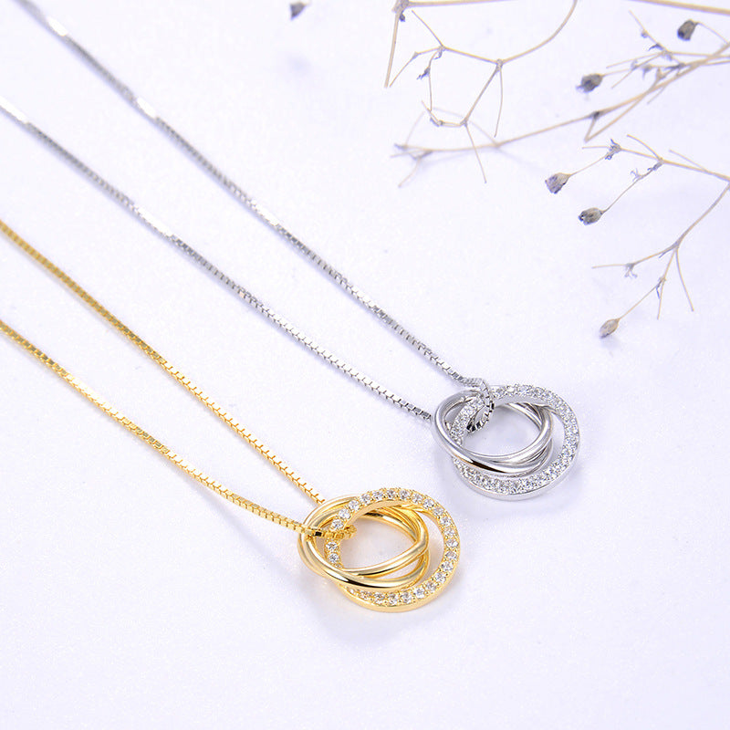 Gold Stainless Steel Interlocking Triple Rings Necklace, One Pave CZ Inlaid Circle Three Linked Rings Box Chain Pendant