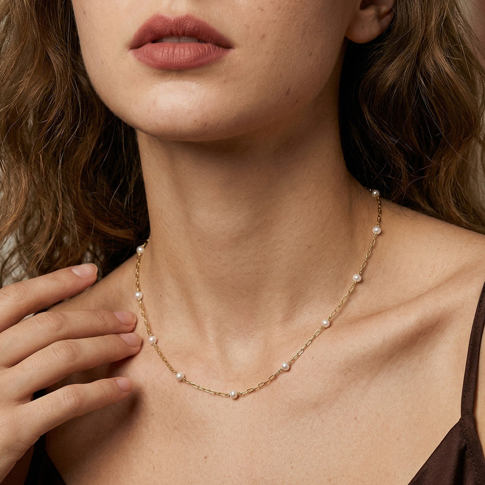 Gold Stainless Steel Station Pearl Necklace, Round White Pearl Beads On Paperclip Chain With Adjustable Extension Tail