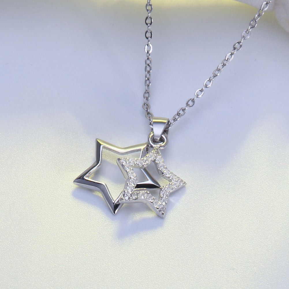 Silver Stainless Steel Interlocking Double Star Necklace, Hollow & Paved CZ Stacked Star Pendant Chain