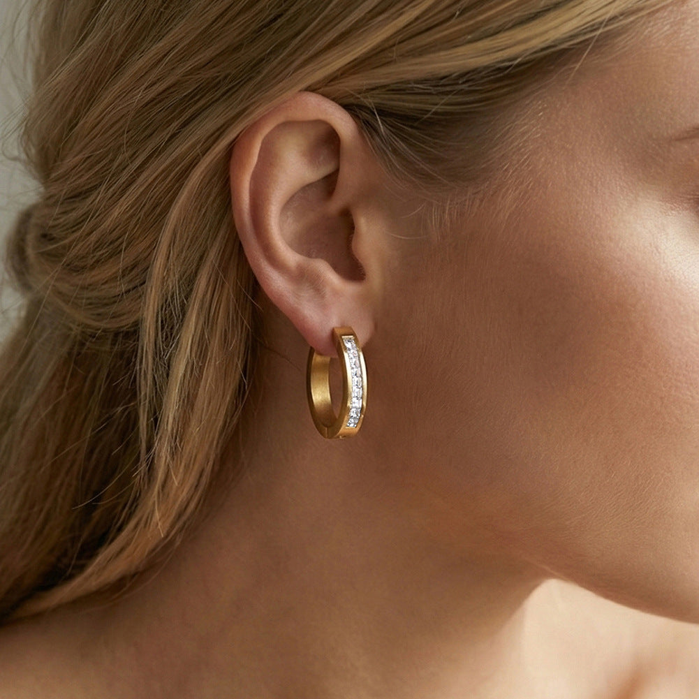 Gold Plated Stainless Steel Rectangular Cut CZ Huggie Hoop Earrings