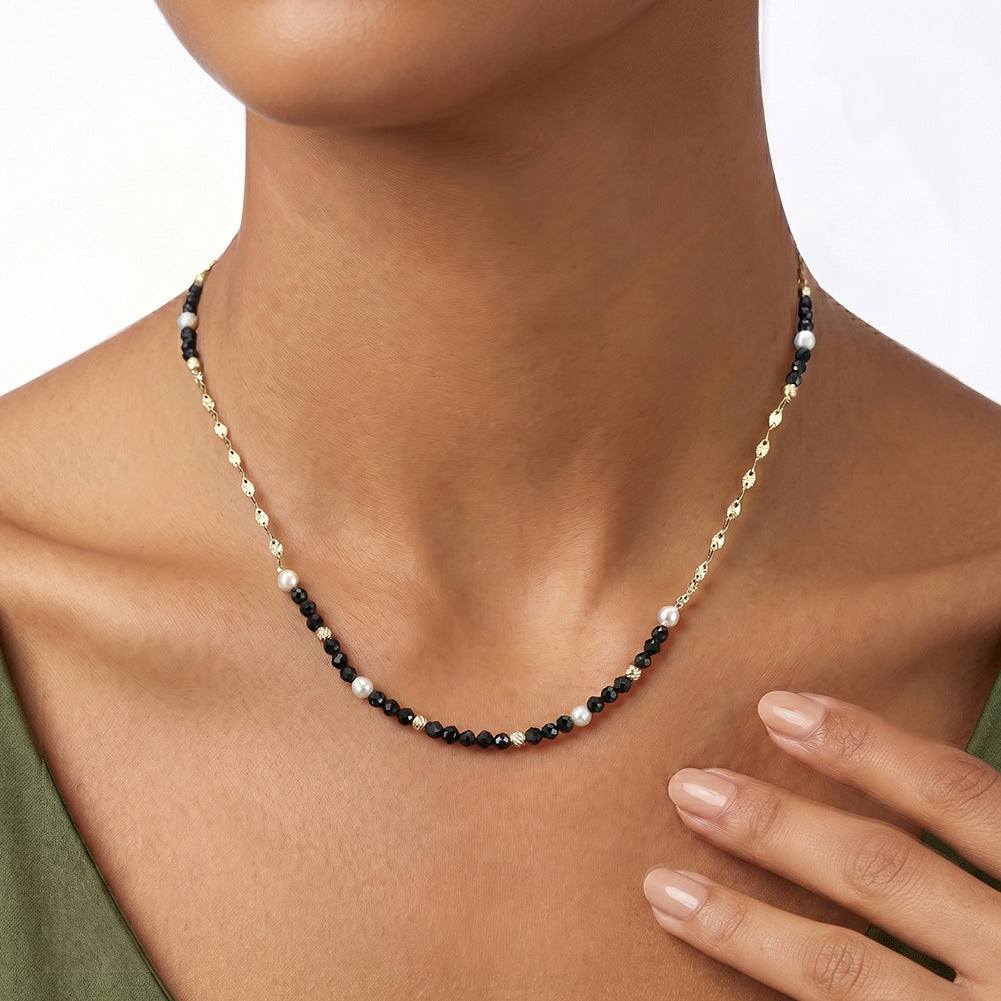 Gold Sunburst Chain Pearl Necklace, White Cultured Pearls & Black Faceted Onyx Beaded Necklace