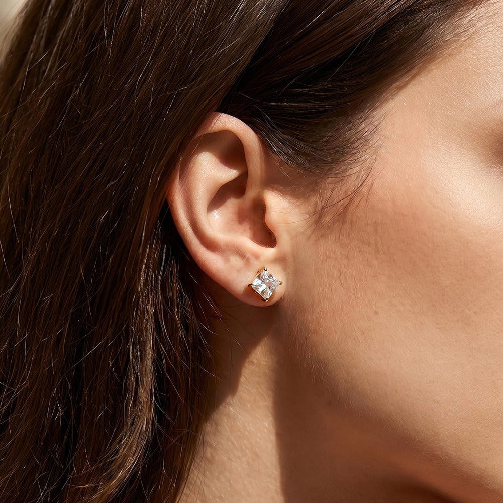 Gold Plated 316 Stainless Steel Stud Earrings, Princess Square Cut Clear Cubic Zirconia Four Prong Setting