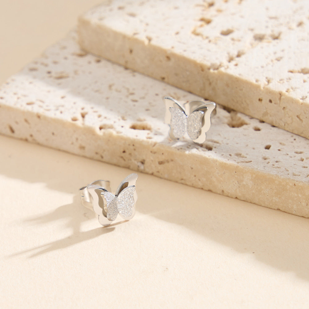 Gold Plated Stainless Steel Layered Butterfly Stud Earrings with Sandblast Glitter Wings