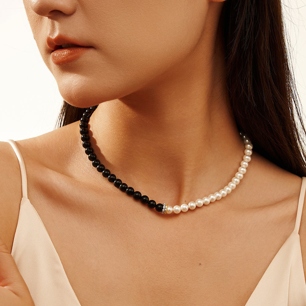 Gold Stainless Steel Two-Tone Beaded Necklace, Black Matte Round Beads & White Imitation Pearl Mixed Strand with CZ Spacer