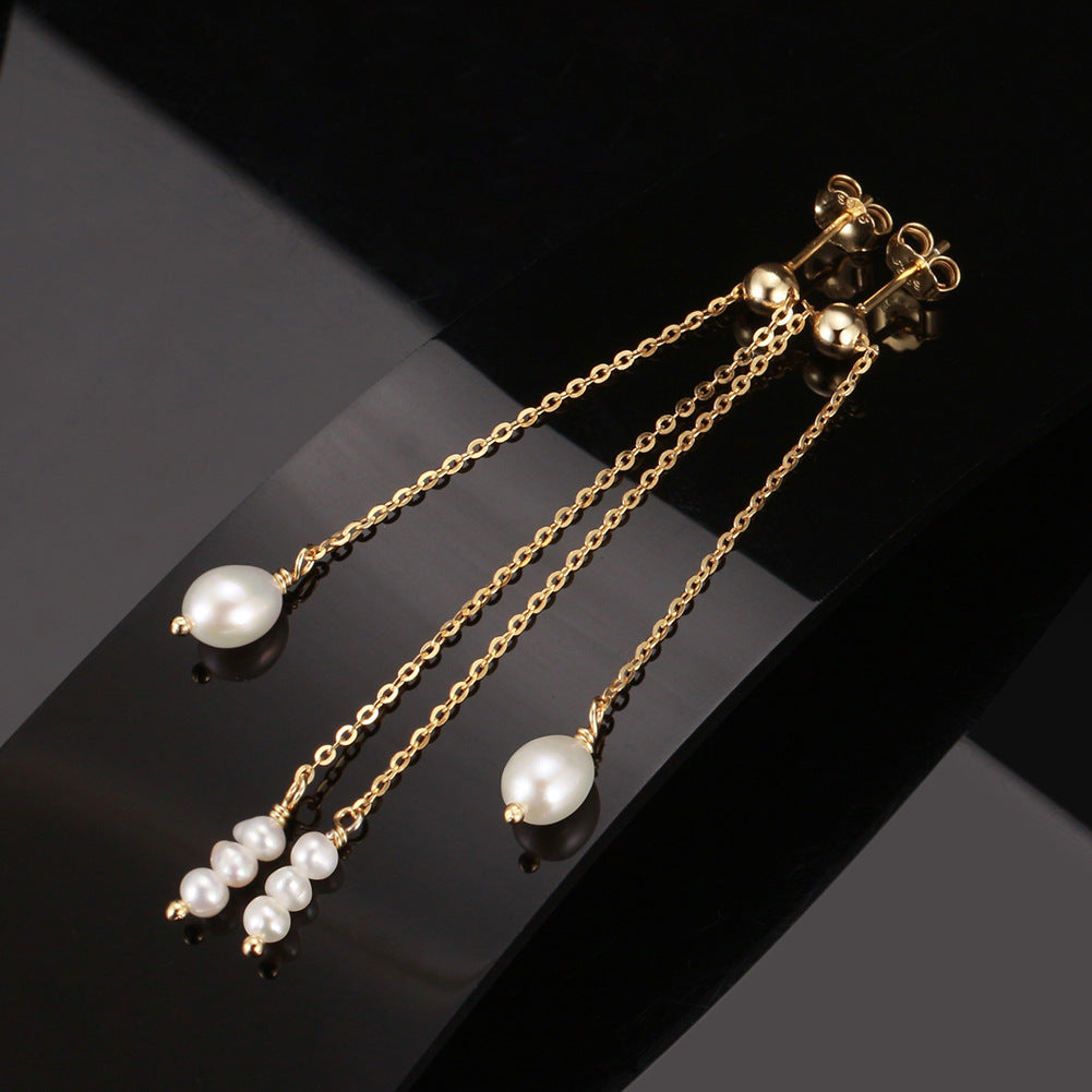 S925 Silver Multi-layer Tassel Pearl Dangle Earrings, Large Irregular Baroque Freshwater Pearl & Small Rice Pearls on Dual Delicate Cable Chains