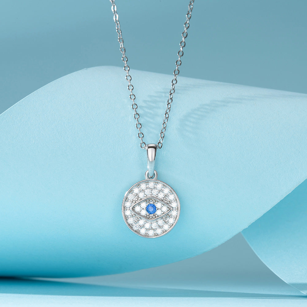 Gold Stainless Steel Evil Eye Round Coin Pendant Necklace, Paved Blue & White CZ Medallion Necklace