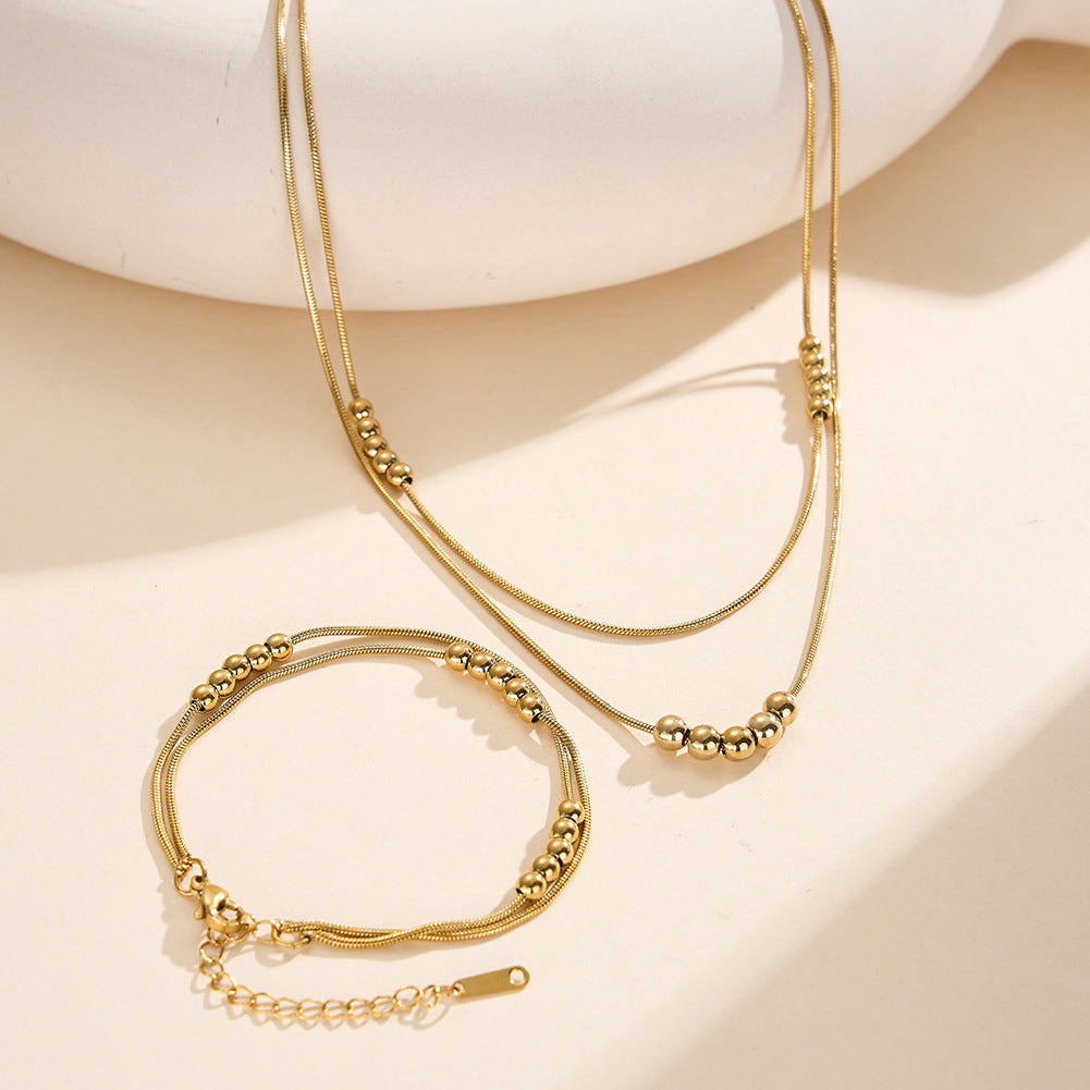 Gold Stainless Steel Double Layer Beaded Necklace, Multi Round Ball Station Beads Snake Chain Layered Choker