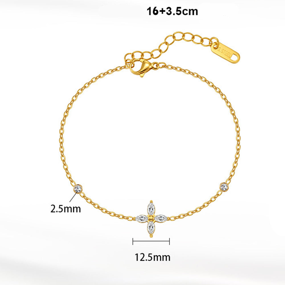 Stainless Steel Pave Four-Point Star CZ Bracelet, Minimalist Thin Chain with Round Zirconia Station Bracelet