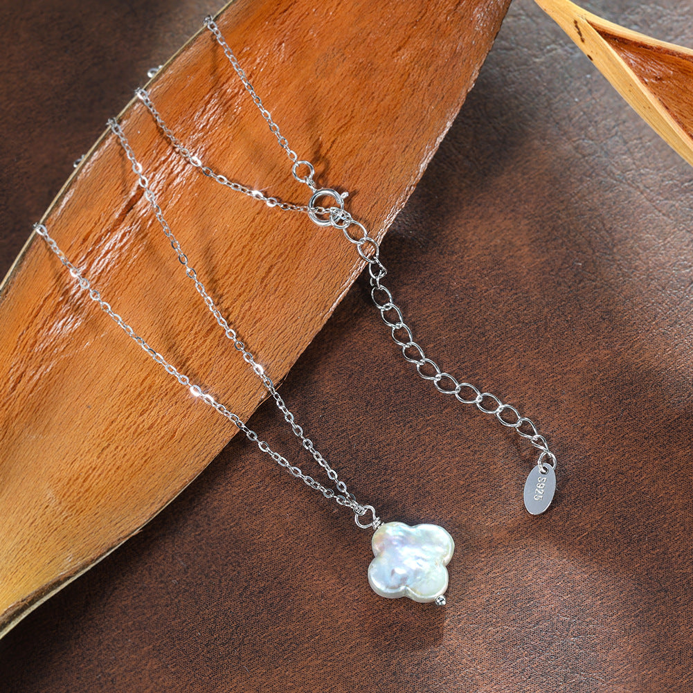 Four Leaf Clover Baroque Freshwater Pearl Pendant Necklace, Iridescent Organic Shape Pearl Charm Dainty S925 Silver Cable Chain