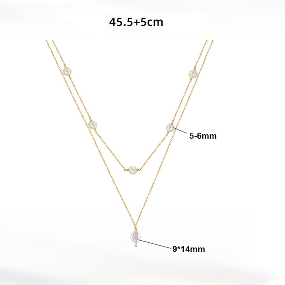 Silver Multi Layer Freshwater Pearl Necklace, Double Chain with Lustrous Round Pearls and Diamond-Shaped Baroque Pearl Drop Pendant