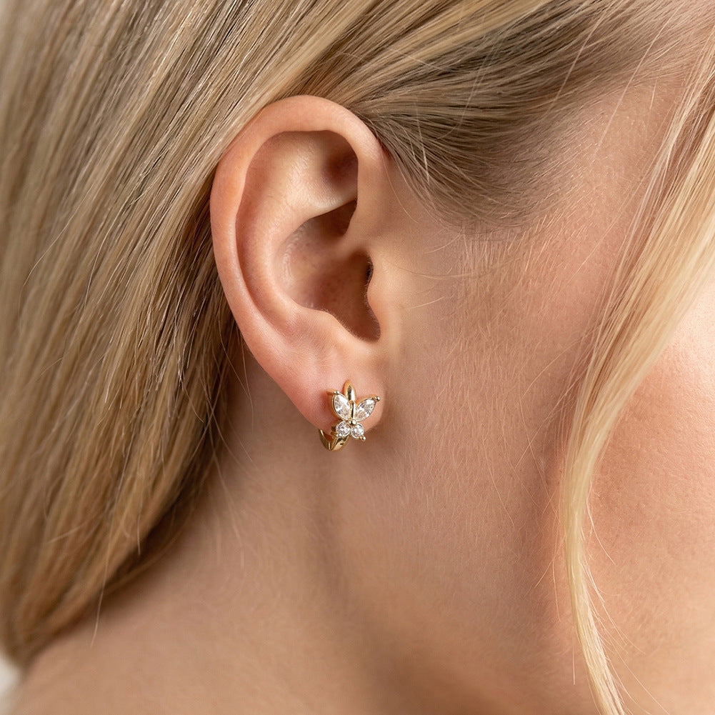 Gold Plated Stainless Steel Marquise & Round CZ Butterfly Huggie Hoop Earrings