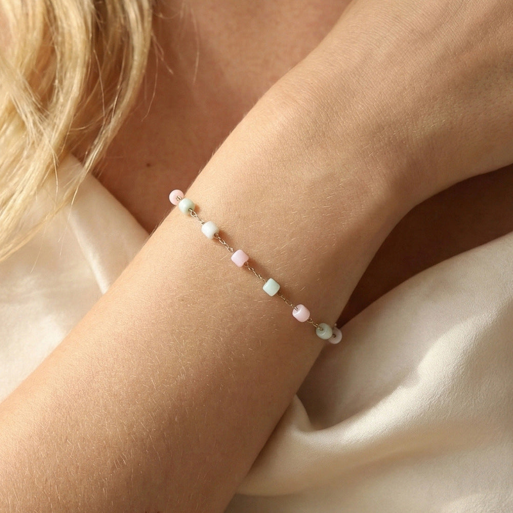 Gold Plated Stainless Steel Dainty Colorful Cube Bead Bracelet, Pastel Candy Square Beads Station Chain, Adjustable Extension