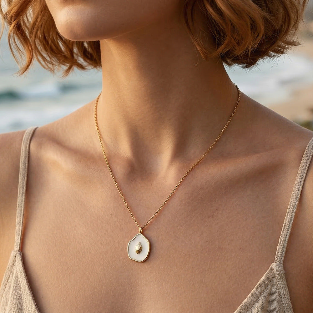 Gold Stainless Steel Irregular Shell Pendant Necklace, White Enamel With 3D Seashell Charm Cable Chain