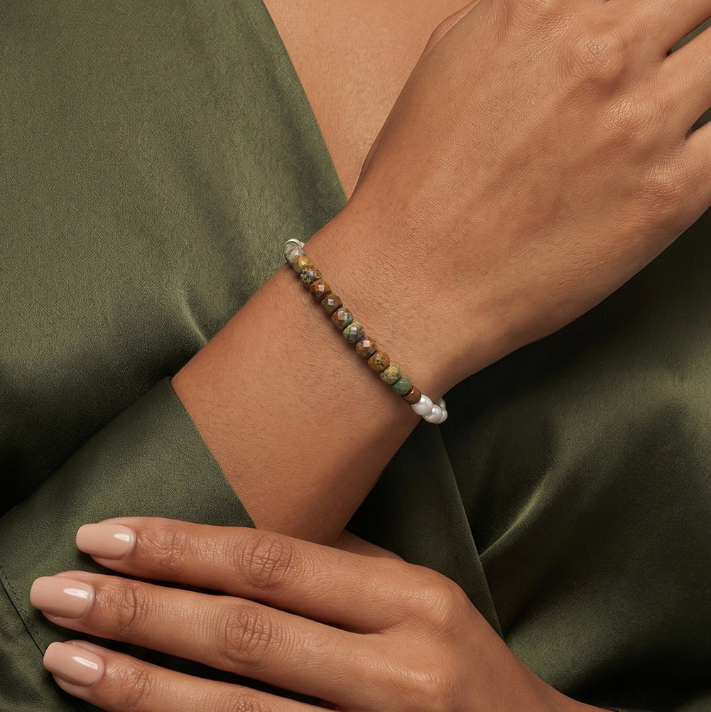 S925 Gold Plated Beaded Bracelet, Lustrous Baroque Freshwater Pearl with Faceted Brown Natural Stone Beads, Adjustable Extension Chain