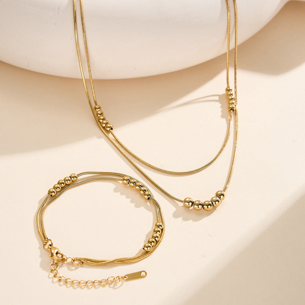 Gold Plated Stainless Steel Dual Layer Snake Chain Bracelet, Cluster Round Ball Beads Decorations, Adjustable Extension