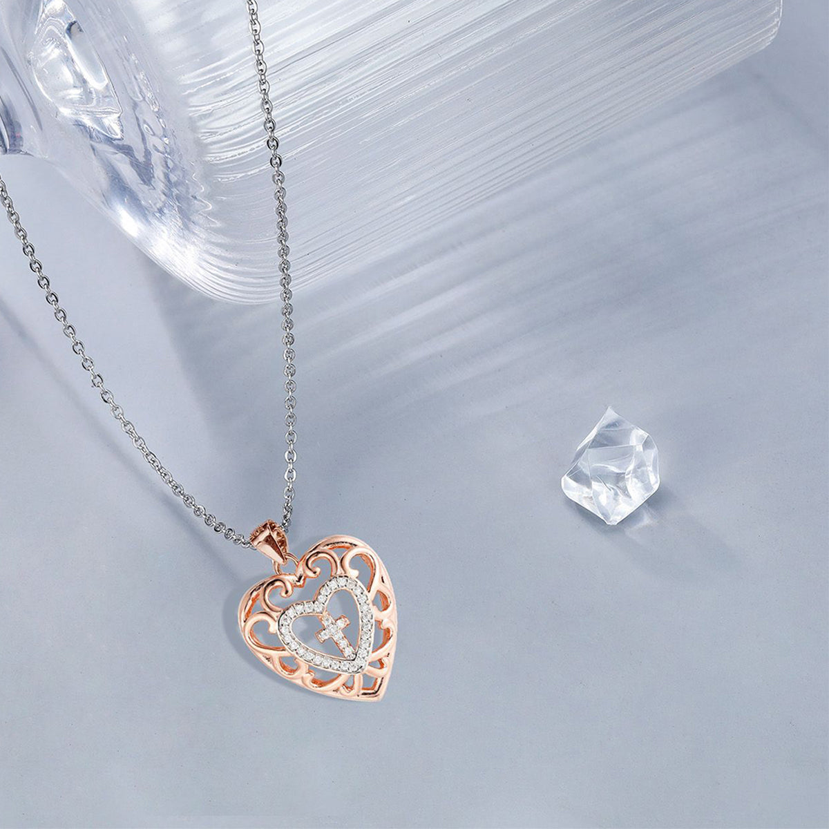 Copper With Silver/Rosegold Plated Heart Cross Pendant Necklace