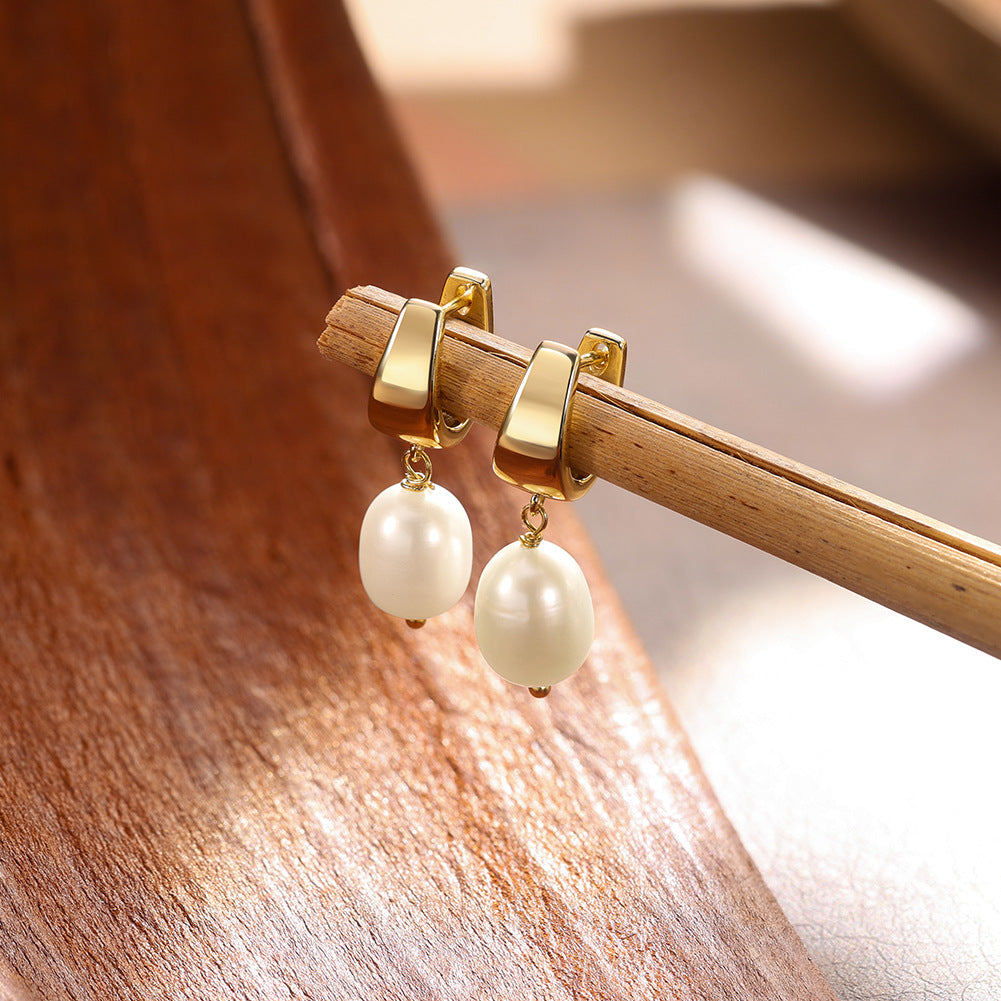 S925 Sterling Silver Huggie Hoop Teardrop Freshwater Pearl Dangle Earrings, Polished U-Shape Hoop with Lustrous Oval Pearl Drop