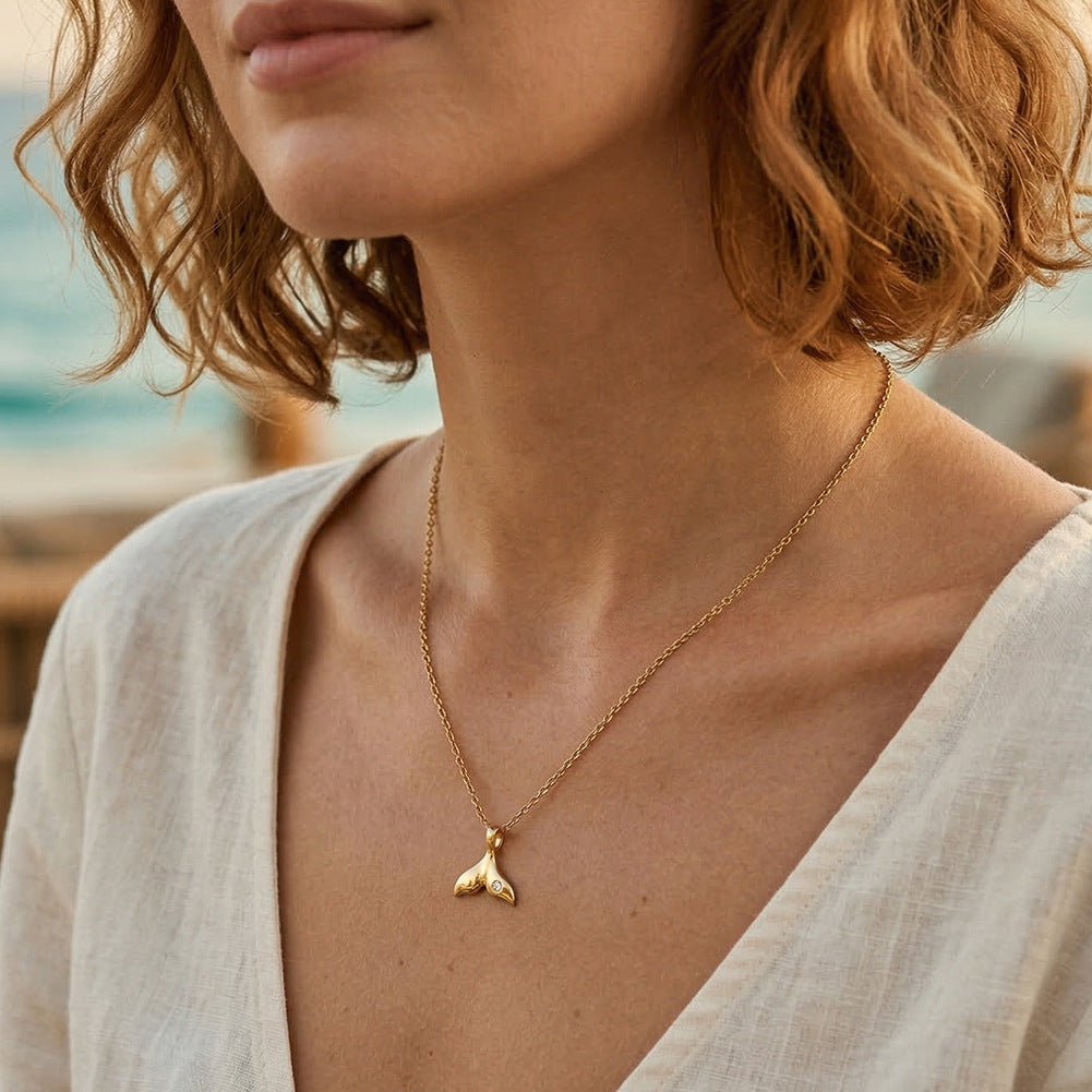 Gold Stainless Steel Mermaid Tail Pendant Necklace, Single Small CZ Inlaid Whale Tail Charm Necklace