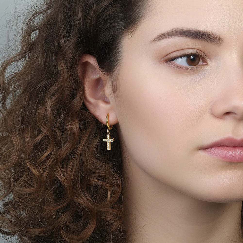 Silver Stainless Steel Cross CZ Charm Huggie Hoop Drop Earrings