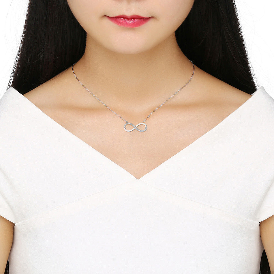 Silver Stainless Steel Infinity Symbol Necklace, Partial Pave Clear Cubic Zirconia Infinite Sign Rolo Chain Pendant