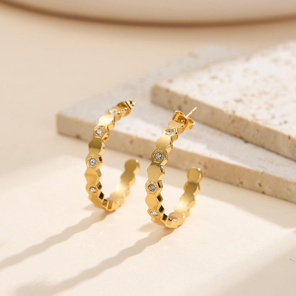 Gold Plated Stainless Steel Wavy Hexagon C Hoop Earrings Inlaid with Round CZ Stones