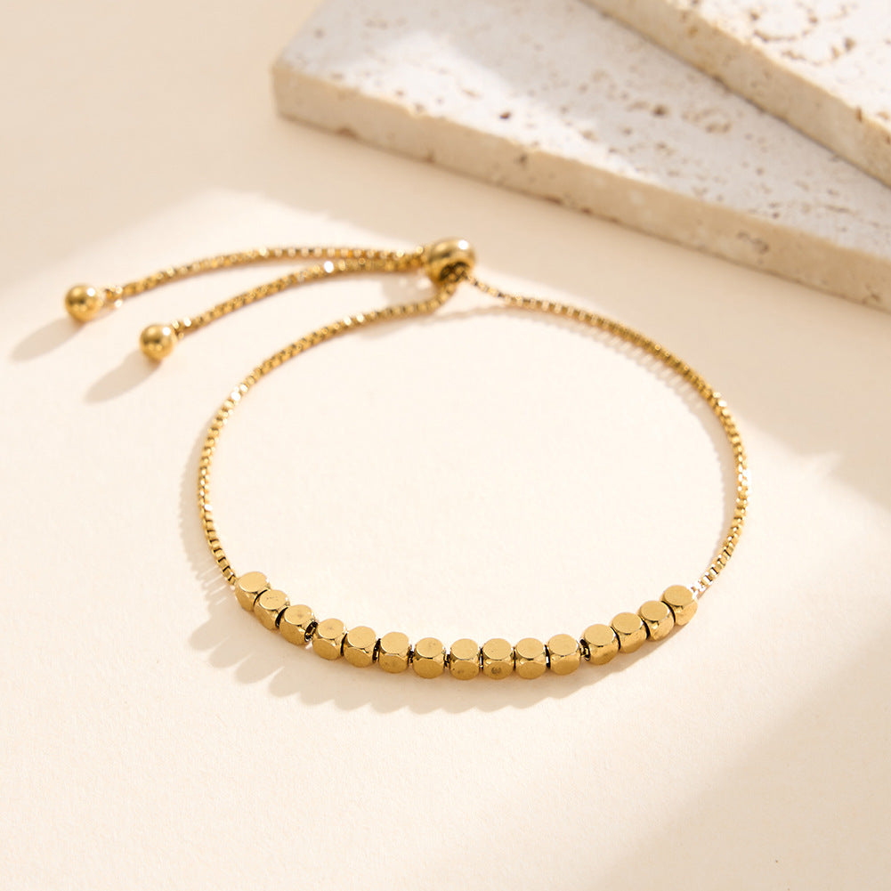 Gold Plated Stainless Steel Adjustable Slider Box Chain Bracelet, Small Cube Beads, Pull Slide Clasp Design