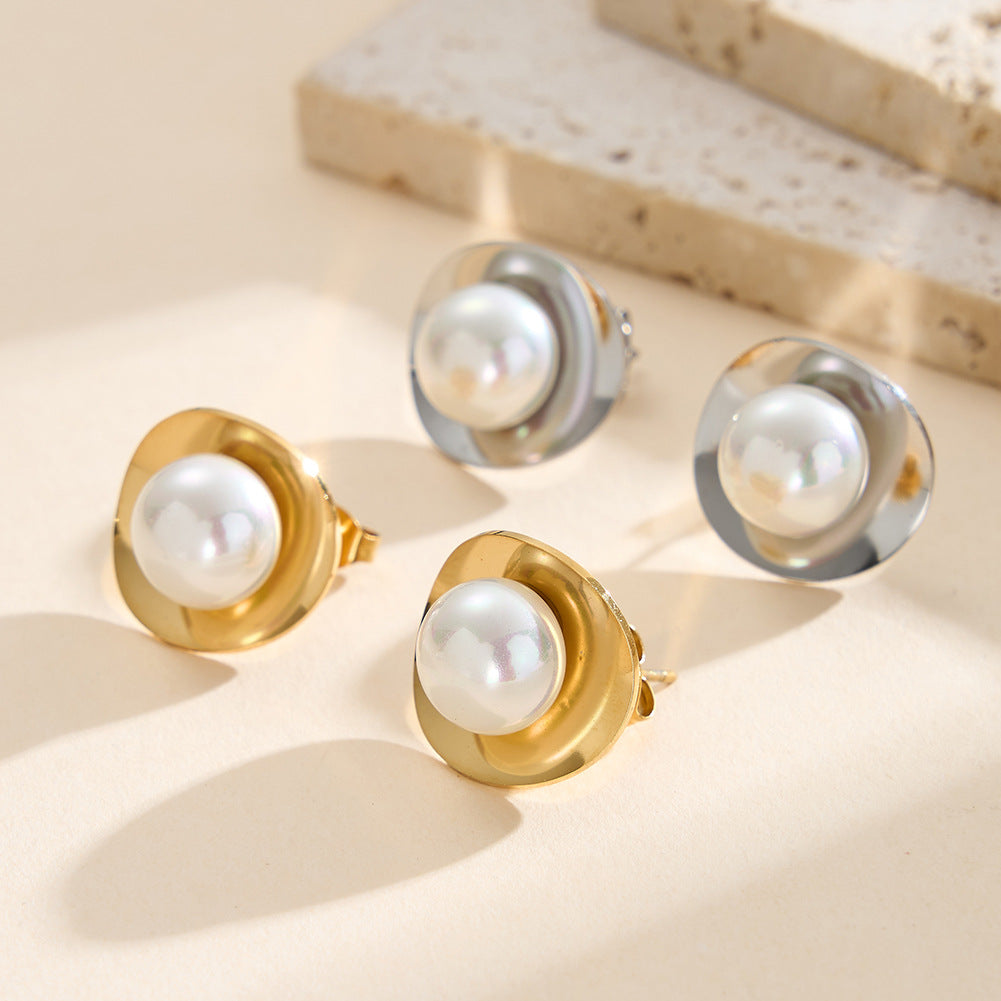 Gold Plated Stainless Steel Curved Disk Stud Earrings Centered with Large Imitation Pearl