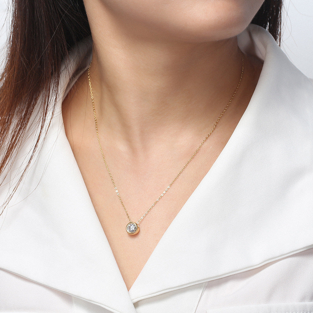 Gold Stainless Steel Bezel Set Round CZ Pendant Necklace, Single Clear Round Cubic Zirconia Circular Frame Thin Cable Chain