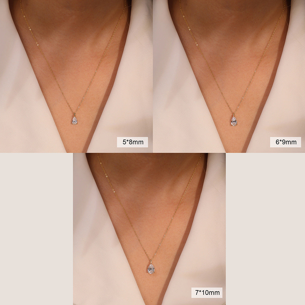 Gold Stainless Steel Pear Cut CZ Solitaire Necklace, Four Prong Teardrop Cubic Zirconia Pendant Cable Chain