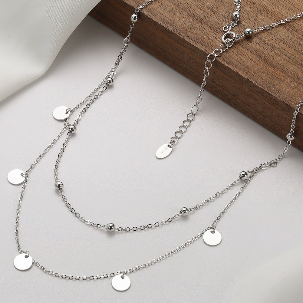Stainless Steel Double Layer Disc Bead Necklace, Gold Plated Dangling Circle Coin Choker, Dainty Layered Round Pendant Necklace for Women