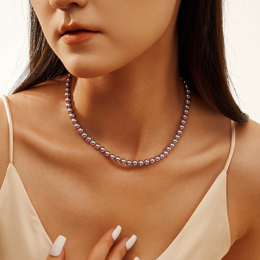 Purple Stainless Steel Round Pearl Strand Necklace, Smooth Lavender Pearl Beaded Adjustable Collar Necklace