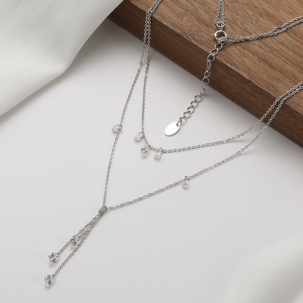 Stainless Steel Double Layer  Drop Necklace, Silver Plated Multi Round Crystal Tassel Necklace, Dainty Stackable Y Shaped Necklace for Women