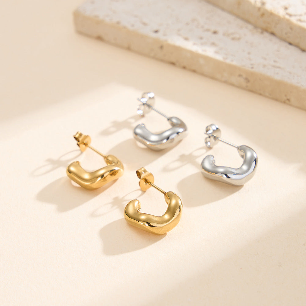 Gold Plated Stainless Steel Smooth Curved Bean Shape C Stud Earrings