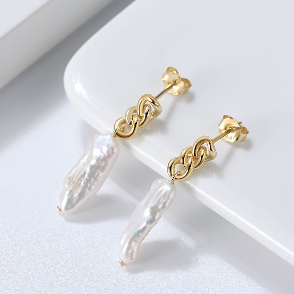 S925 Sterling Silver Thick Curb Chain Biwa Pearl Stud Earrings, Large Elongated Biwa Baroque Freshwater Pearl with Natural Rainbow Iridescent Luster