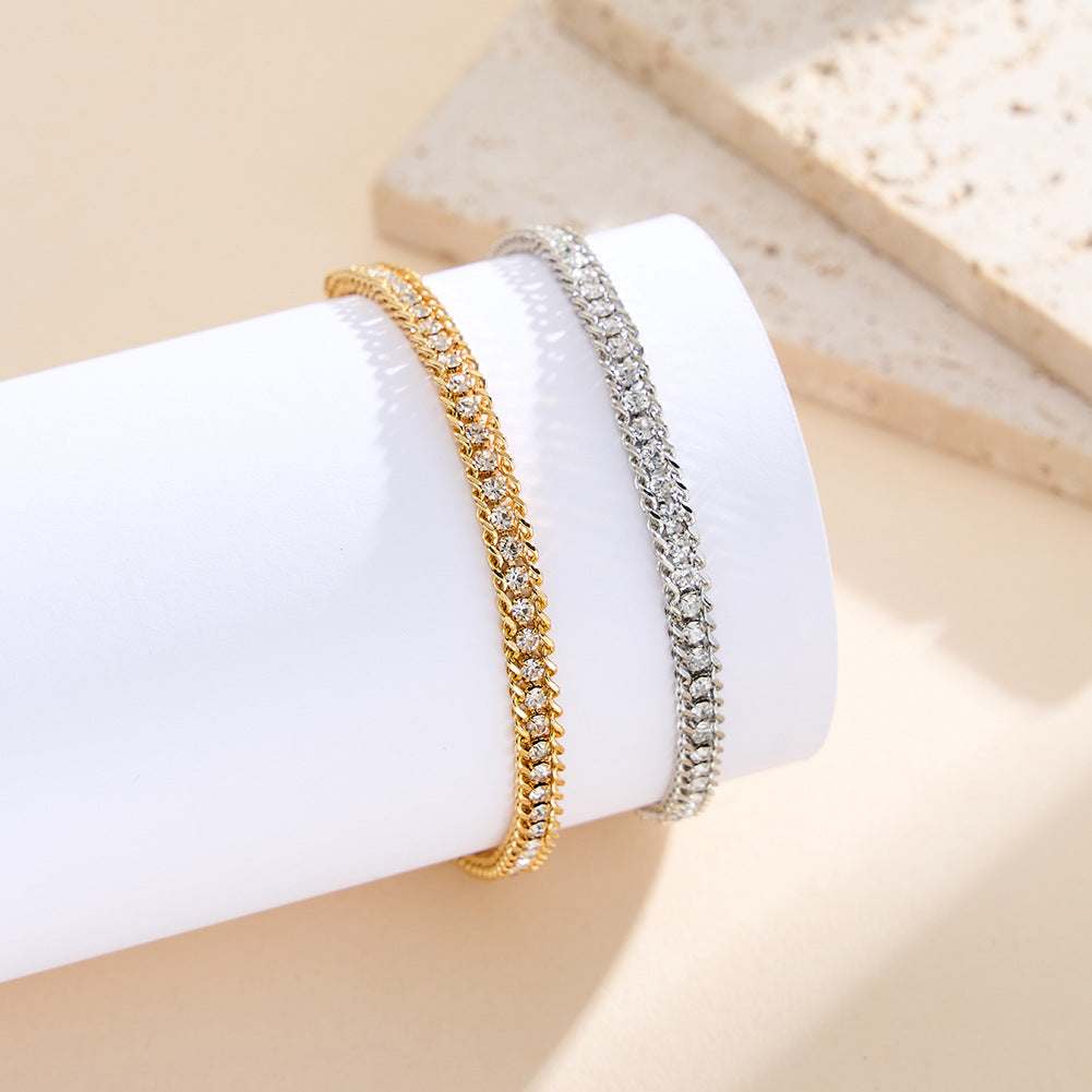 Silver Stainless Steel Single Row CZ Braided Bracelet, Paved Cubic Zirconia Woven Band, Adjustable Extension Chain