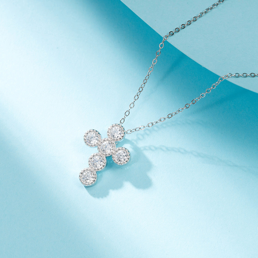 Gold Stainless Steel Cross Necklace with 6 Round Bezel Set Cubic Zirconia Stones, Vintage Coin Edge Cross Pendant