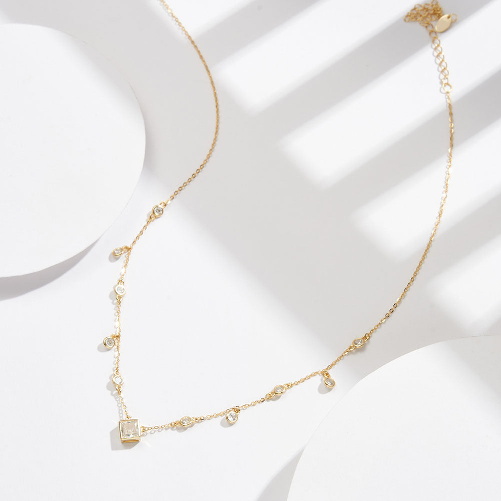 Gold Stainless Steel Multi CZ Station Necklace, Square & Round Bezel Cubic Zirconia Dangling Chain