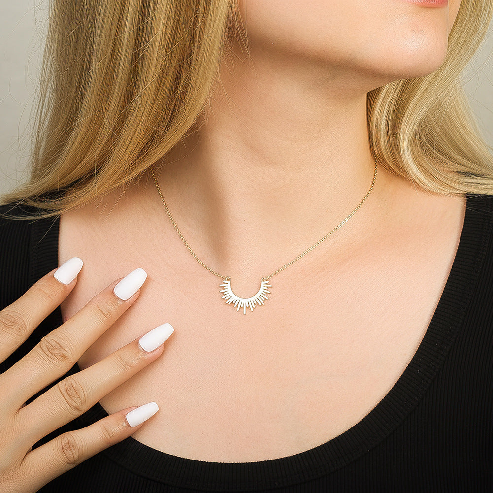 Stainless Steel Sunburst Crescent Necklace, Gold Plated Radiant Sun Pendant Choker, Unique Spike Sun Shape Necklace for Women