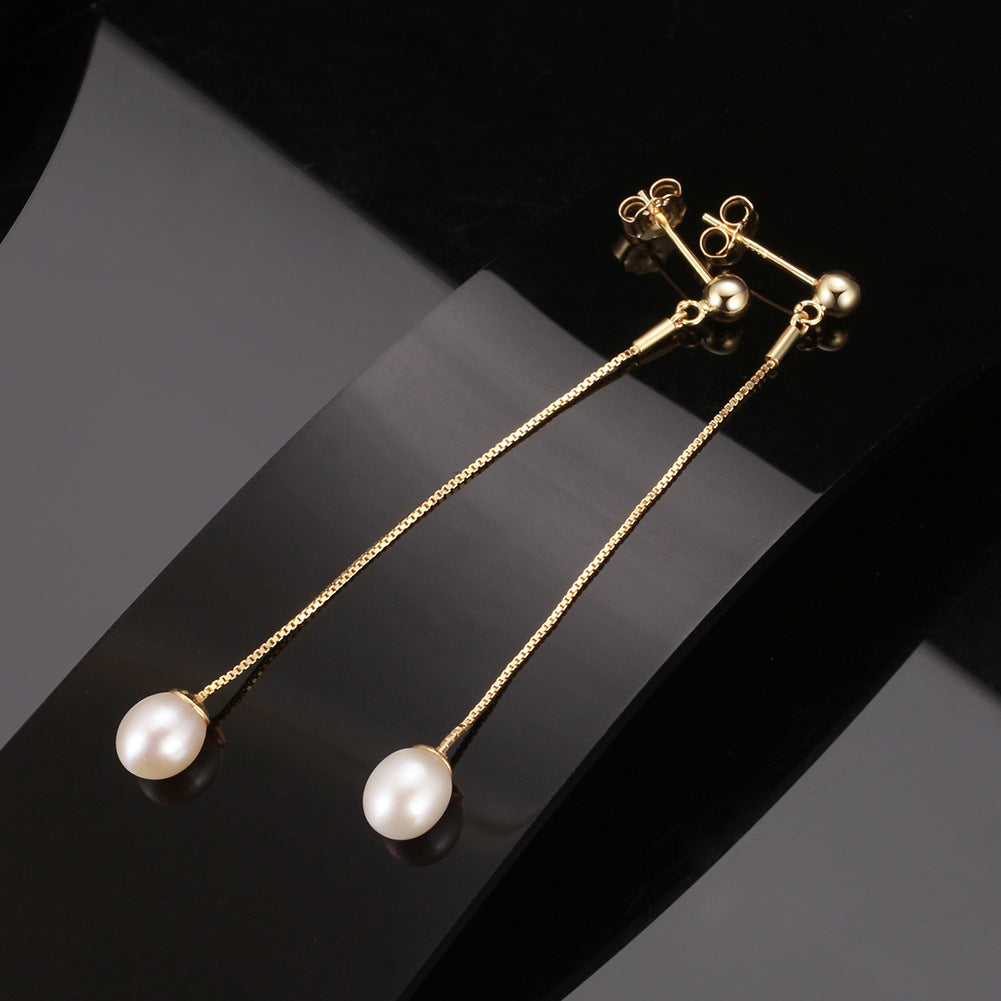 S925 Silver Single Teardrop Pearl Long Chain Threader Earrings, Silky Luster Teardrop Freshwater Pearl Dangling on Slim Adjustable Box Chain