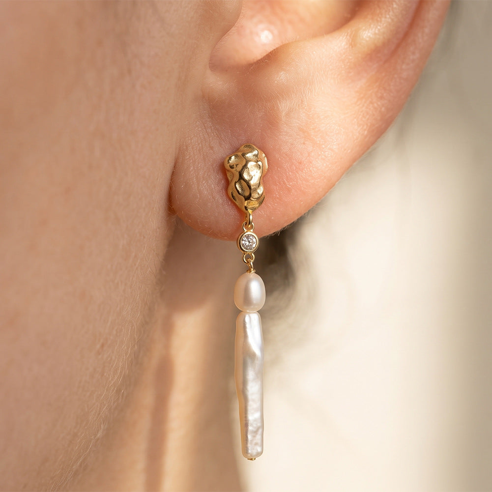 S925 Silver Long Vertical Baroque Pearl Drop Earrings, Hammered Metal Detail, CZ Stone Accent, Rice & Stick Freshwater Pearl Linear Earrings