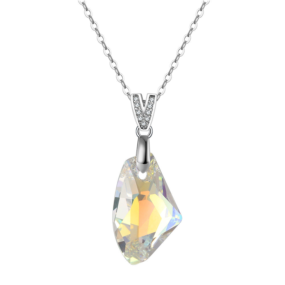 Silver Stainless Steel AB Color Spike Crystal Pendant Necklace, Aurora Borealis Cone Crystal with Paved CZ Bail