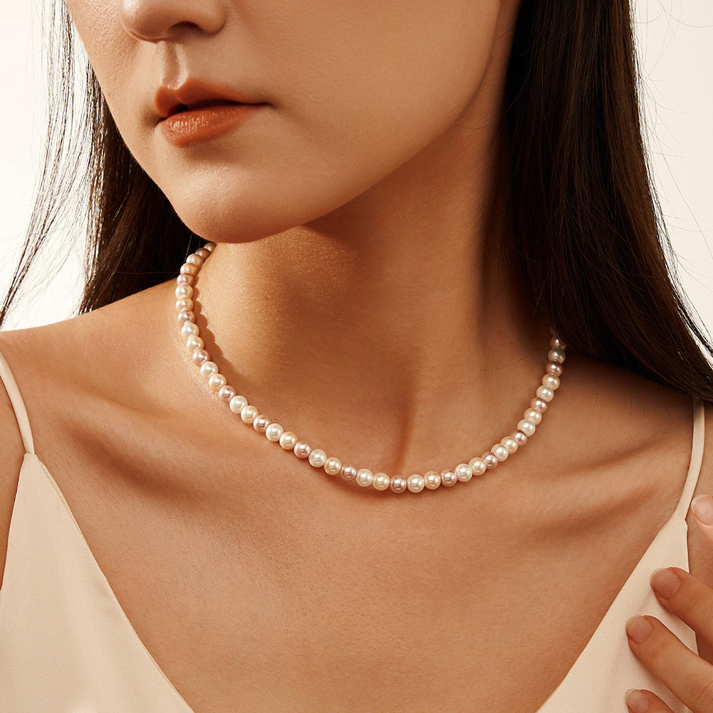 Silver Stainless Steel Multicolor Imitation Pearl Strand Necklace, Round Mixed White Pink Champagne Pearls with Adjustable Extension Chain