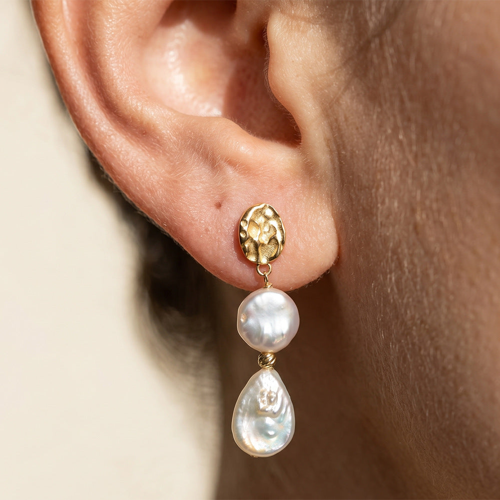 S925 Silver Textured Metal Baroque Pearl Drop Earrings, Coin Pearl & Teardrop Irregular Freshwater Pearl Stacked Dangle Earrings