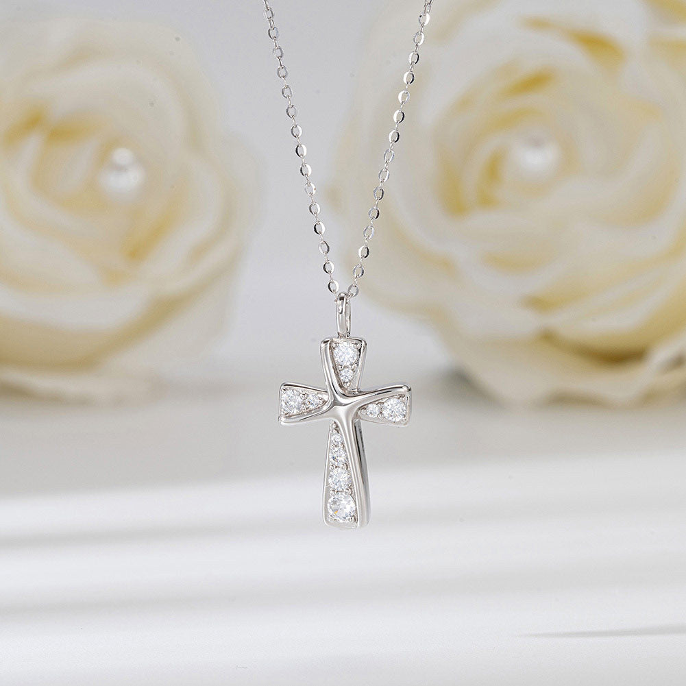 Gold Stainless Steel Polished Cross Pendant Necklace, Multi Round Clear CZ Inlaid Cross Charm Rolo Chain For Women