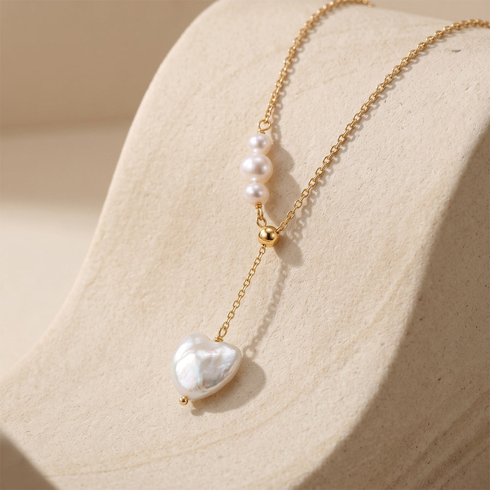 GPN116Adjustable Lariat Baroque Heart Freshwater Pearl Y Necklace, Iridescent Heart-shaped Pearl Pendant S925 Silver Chain